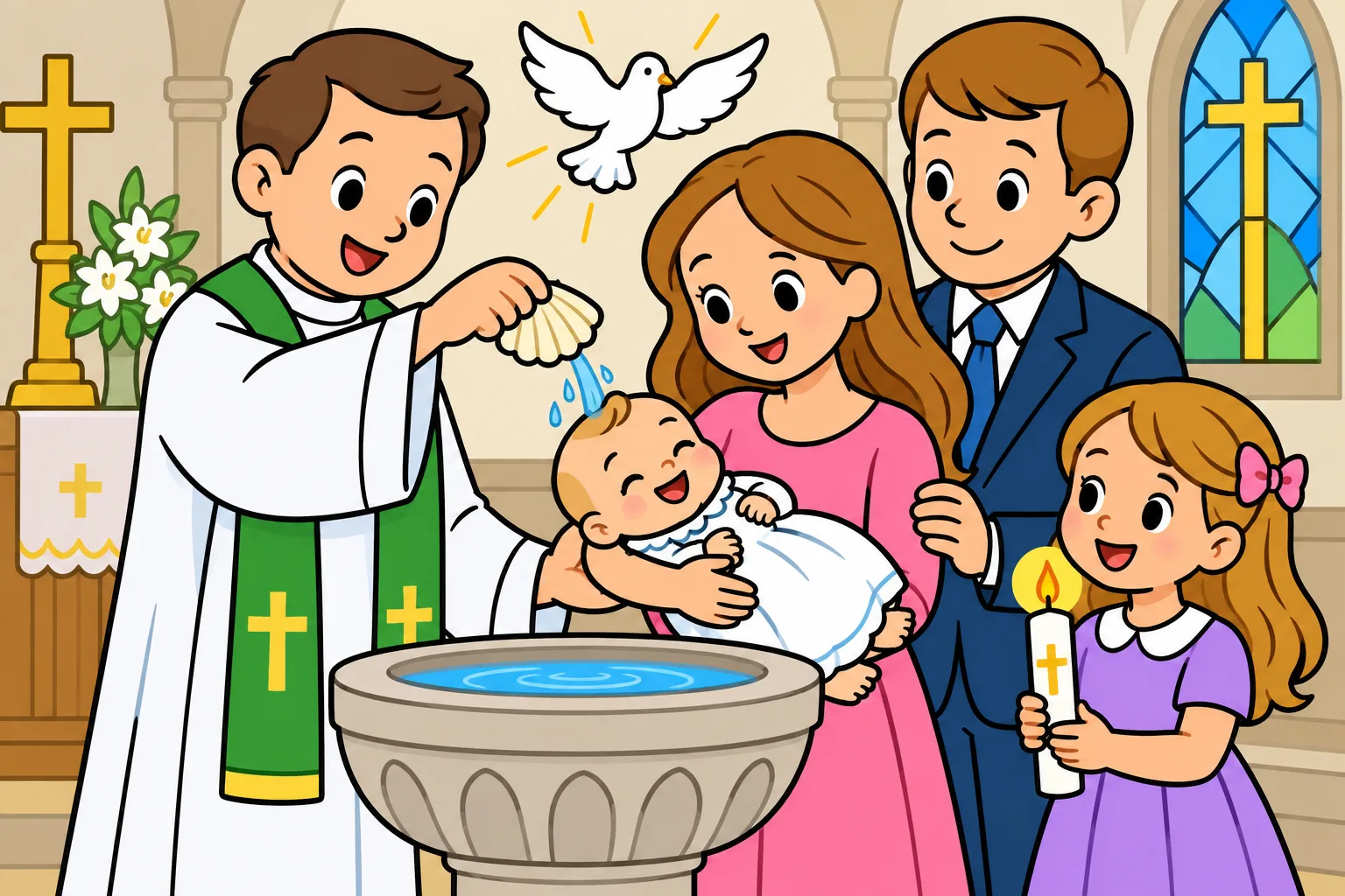 Coloriage d’un baptême : le prêtre verse l’eau sur le bébé, entouré de sa famille
