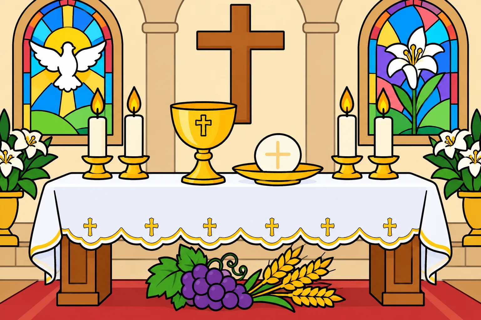 Un autel préparé pour la messe, avec le calice, l'hostie, les bougies, la croix, le blé et le raisin