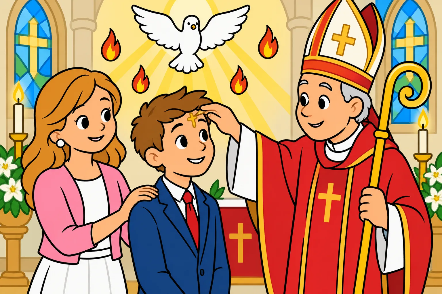 Coloriage d’un évêque qui marque du saint chrême le front d’un jeune confirmand, sous la colombe de l’Esprit