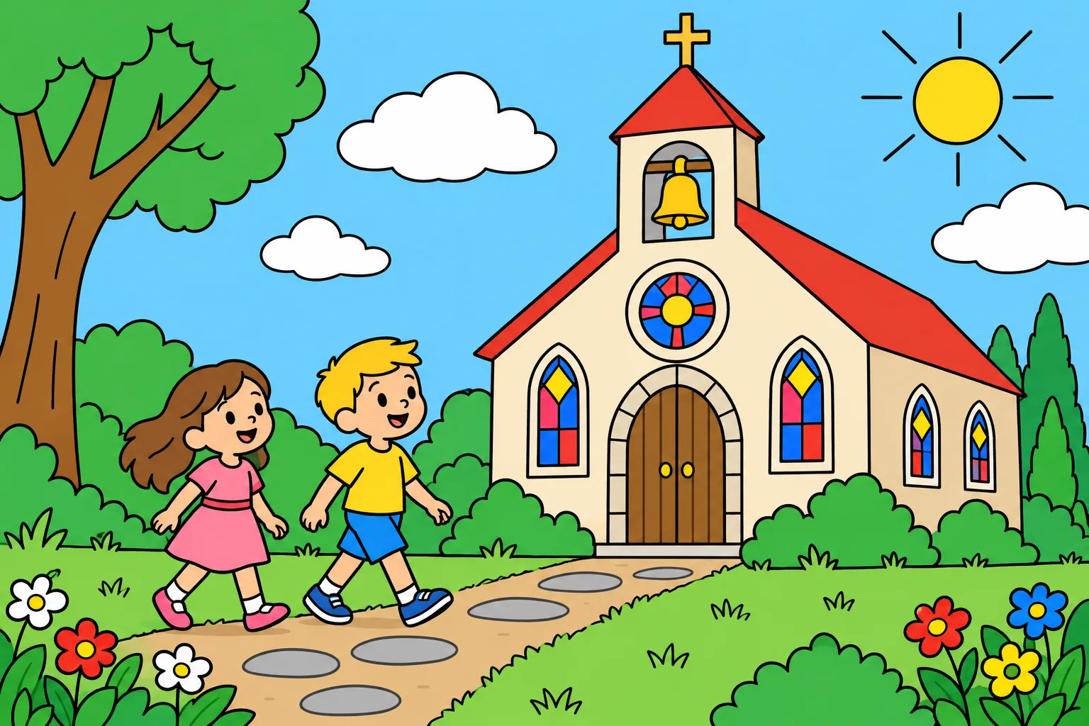 Coloriage d’une église de village avec deux enfants qui marchent vers la porte