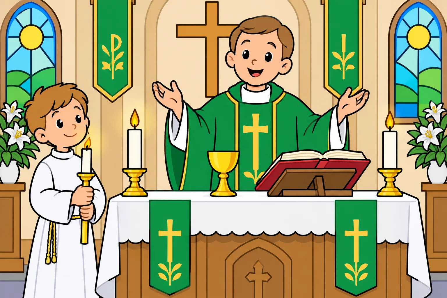 Un prêtre en chasuble verte prie à l'autel, à côté d'un enfant de chœur qui tient un cierge