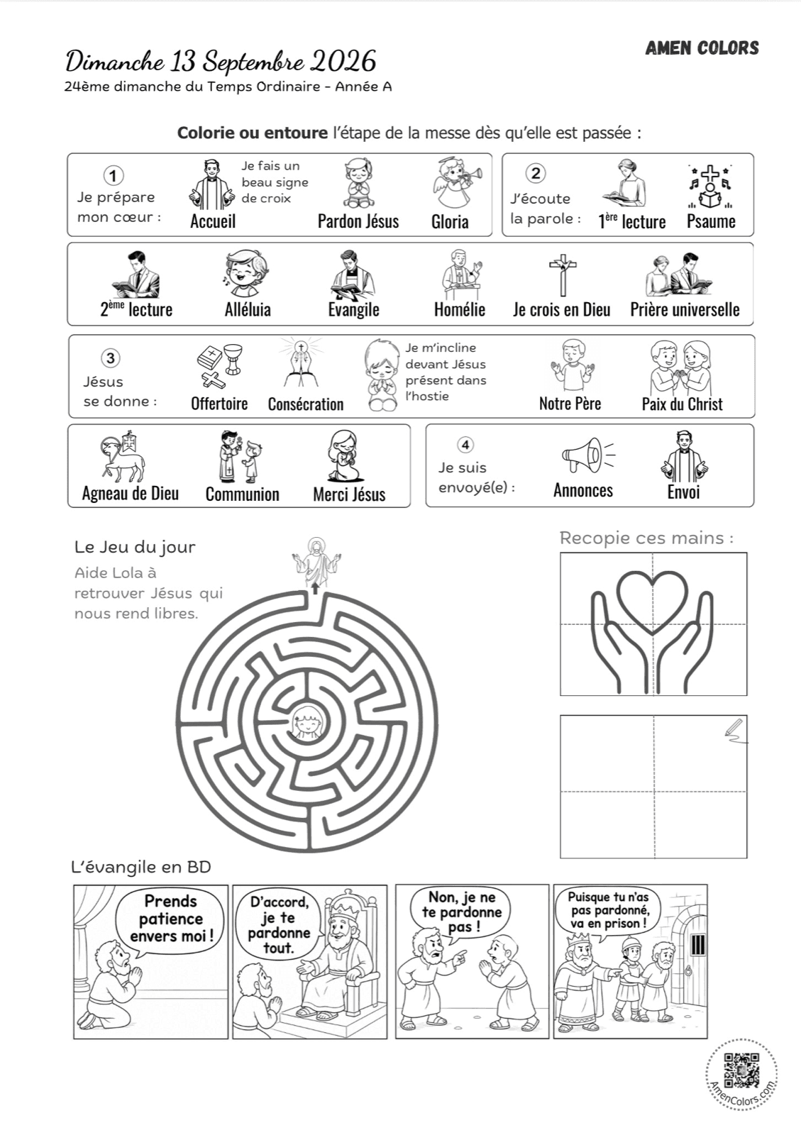 Page 1 du kit : les étapes de la messe à entourer ou colorier, le jeu du jour, le dessin à recopier et la BD de l’Évangile