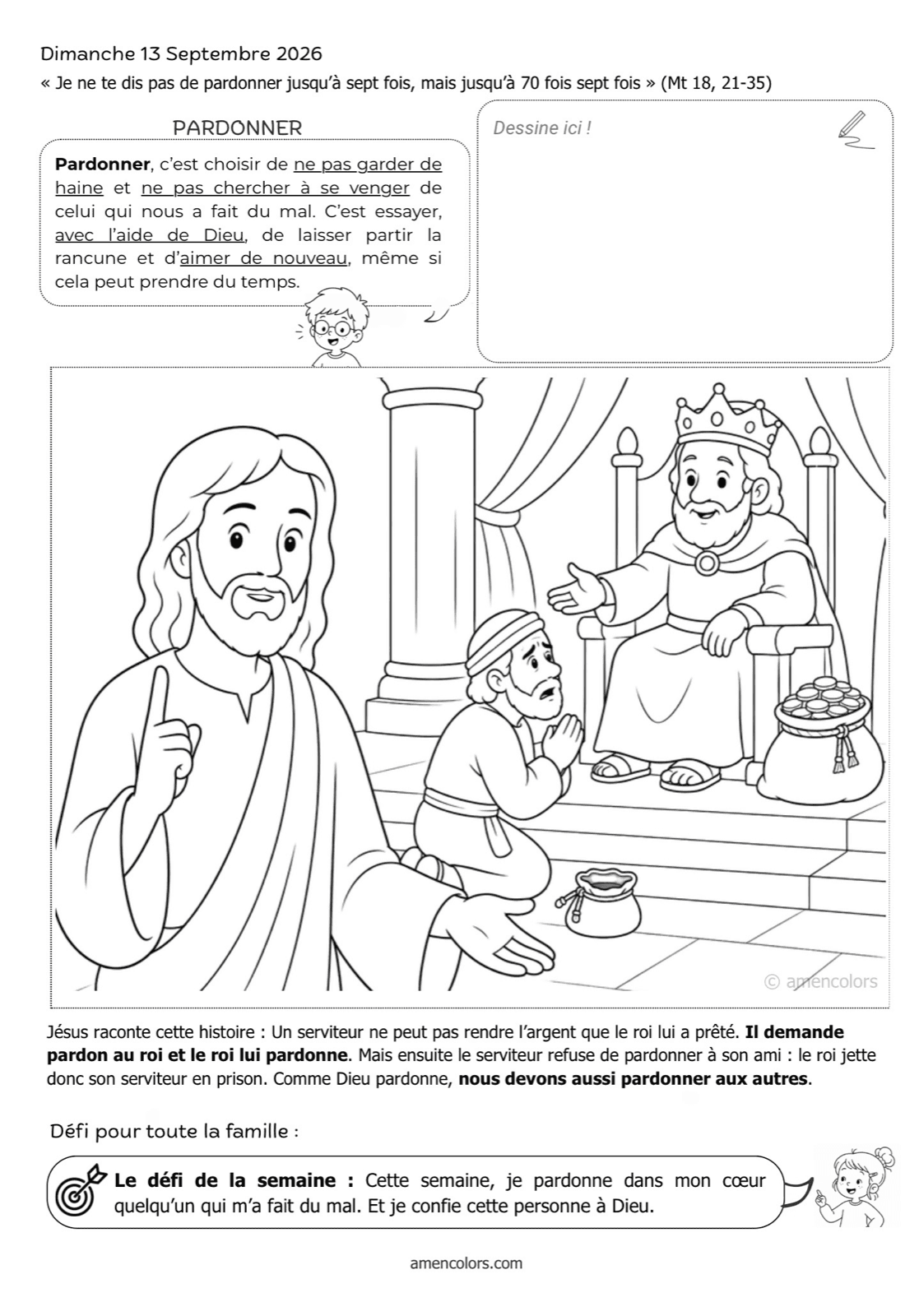 Page 2 du kit : le coloriage de l’Évangile, une explication adaptée aux enfants, le mot du jour et un défi à faire seul ou en famille